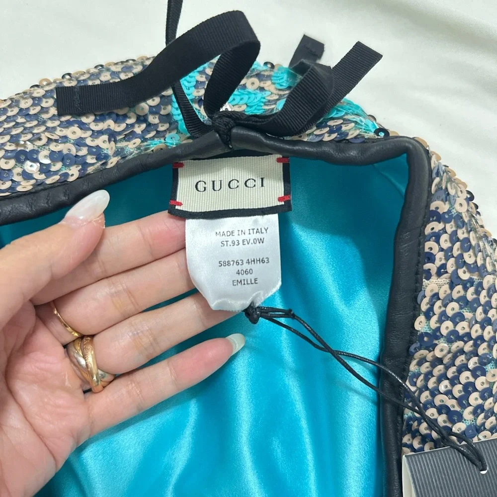 NWT Gucci Sequin Beret in Black and Teal genuine leather hem size M - Picture 4 of 9